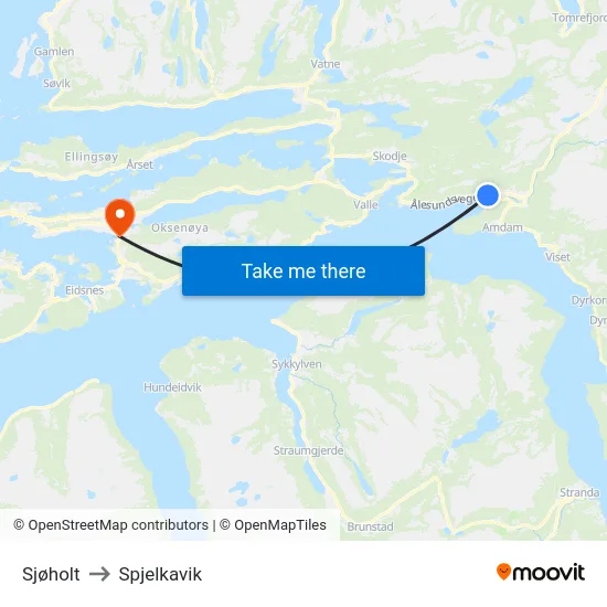 Sjøholt to Spjelkavik map