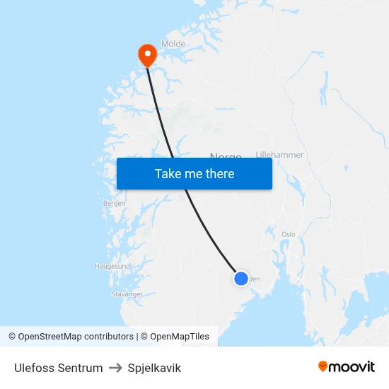 Ulefoss Sentrum to Spjelkavik map