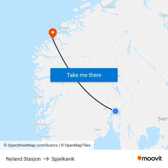 Nyland Stasjon to Spjelkavik map