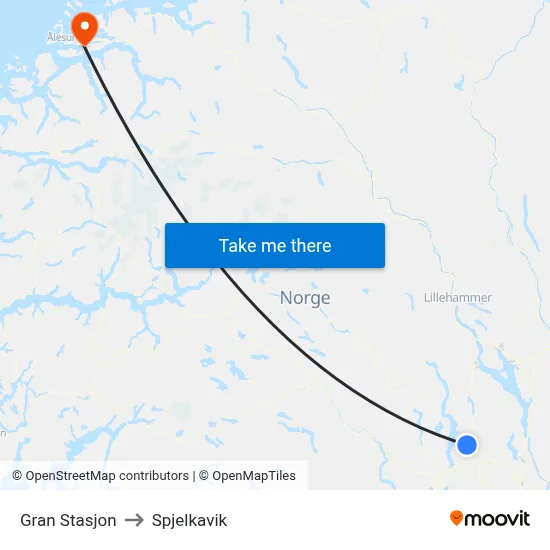 Gran Stasjon to Spjelkavik map