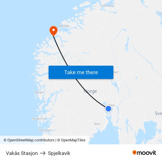 Vakås Stasjon to Spjelkavik map