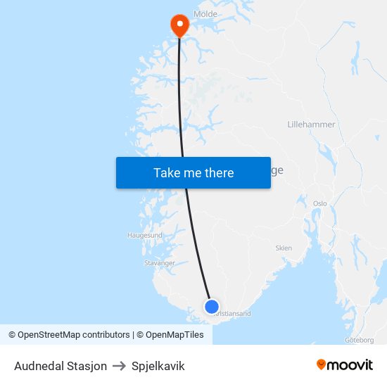 Audnedal Stasjon to Spjelkavik map