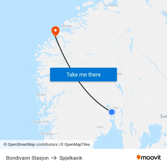 Bondivann Stasjon to Spjelkavik map