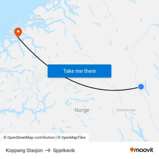 Koppang Stasjon to Spjelkavik map