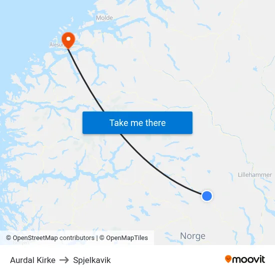 Aurdal Kirke to Spjelkavik map