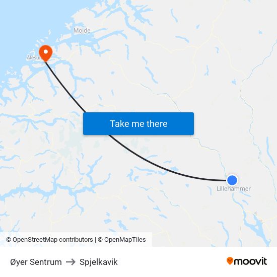 Øyer Sentrum to Spjelkavik map