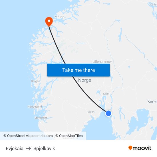 Evjekaia to Spjelkavik map