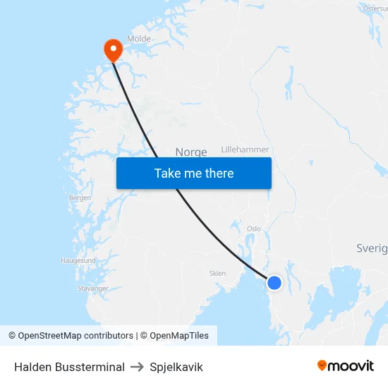 Halden Bussterminal to Spjelkavik map