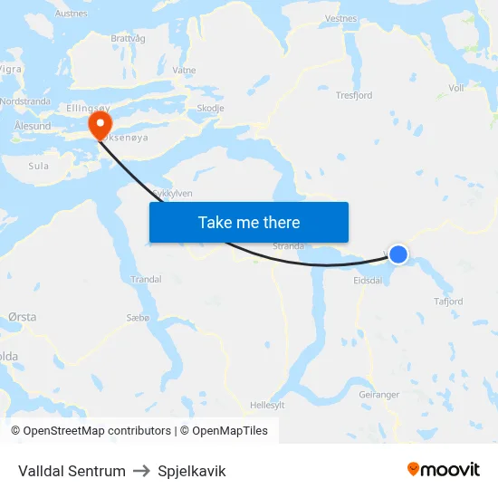 Valldal Sentrum to Spjelkavik map