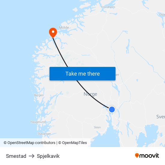 Smestad to Spjelkavik map