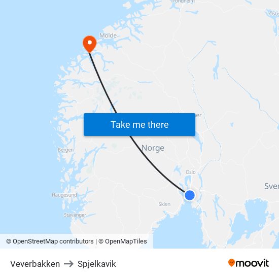 Veverbakken to Spjelkavik map