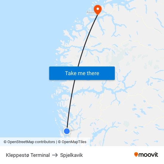 Kleppestø Terminal to Spjelkavik map