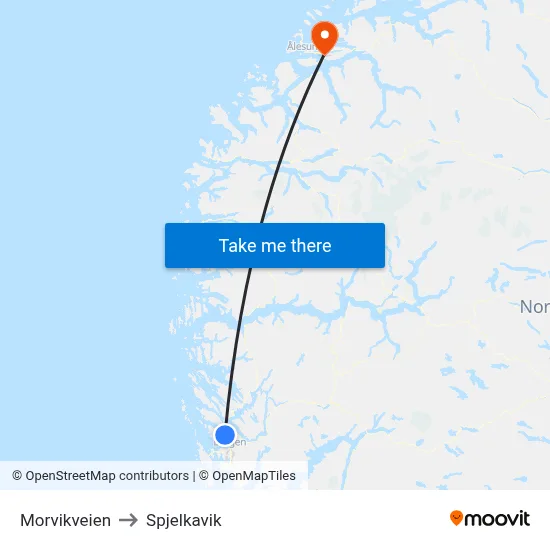 Morvikveien to Spjelkavik map