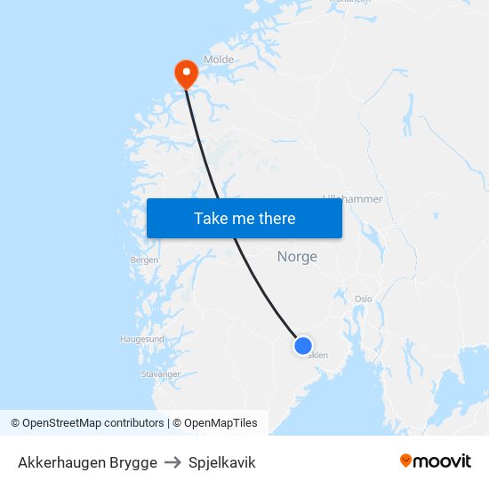 Akkerhaugen Brygge to Spjelkavik map