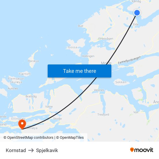 Kornstad to Spjelkavik map
