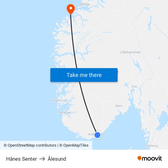 Hånes Senter to Ålesund map