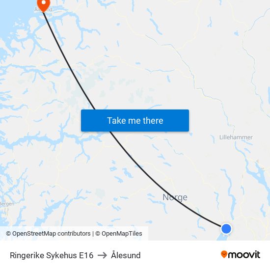 Ringerike Sykehus E16 to Ålesund map
