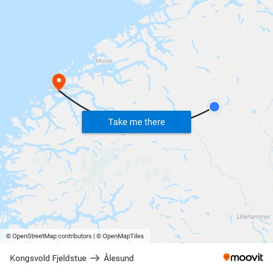 Kongsvold Fjeldstue to Ålesund map