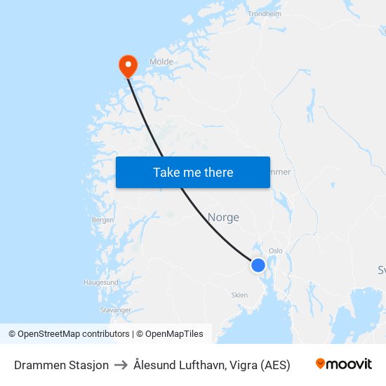 Drammen Stasjon to Ålesund Lufthavn, Vigra (AES) map