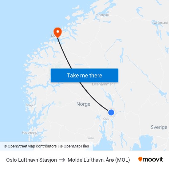 Oslo Lufthavn Stasjon to Molde Lufthavn, Årø (MOL) map