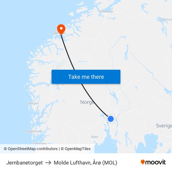 Jernbanetorget to Molde Lufthavn, Årø (MOL) map
