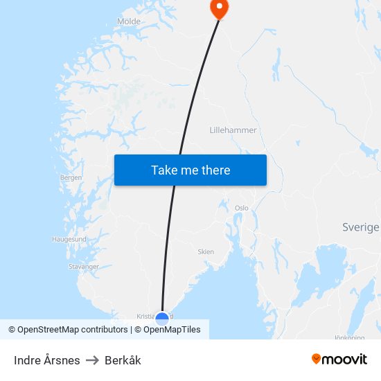 Indre Årsnes to Berkåk map