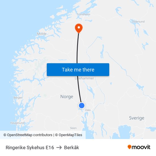 Ringerike Sykehus E16 to Berkåk map