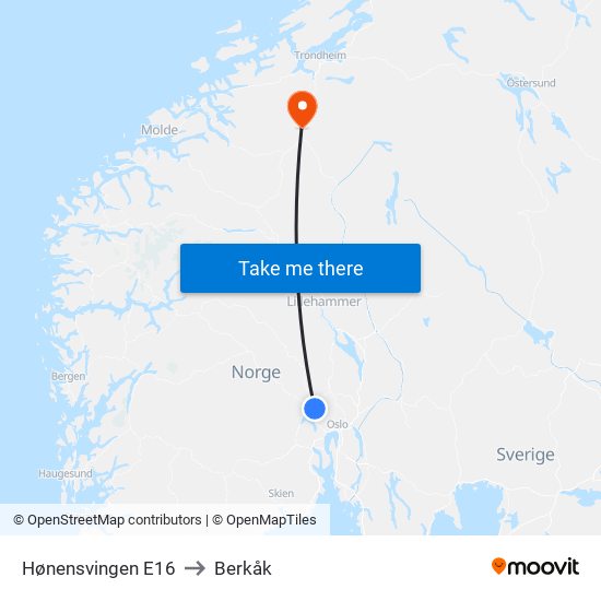 Hønensvingen E16 to Berkåk map