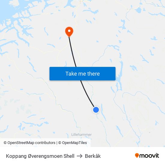 Koppang Øverengsmoen Shell to Berkåk map