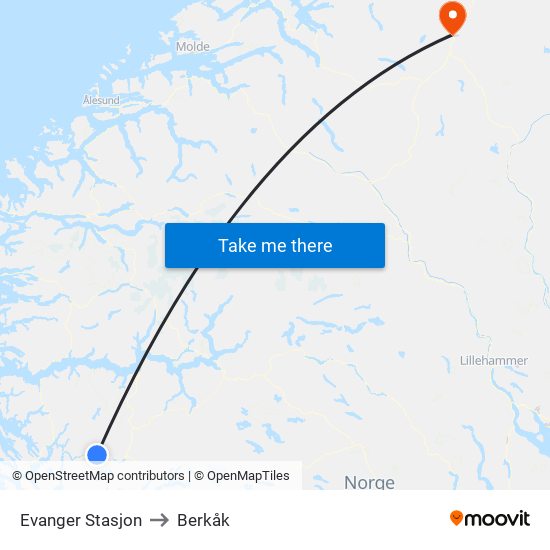 Evanger Stasjon to Berkåk map