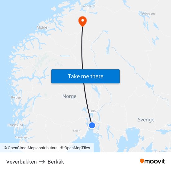 Veverbakken to Berkåk map