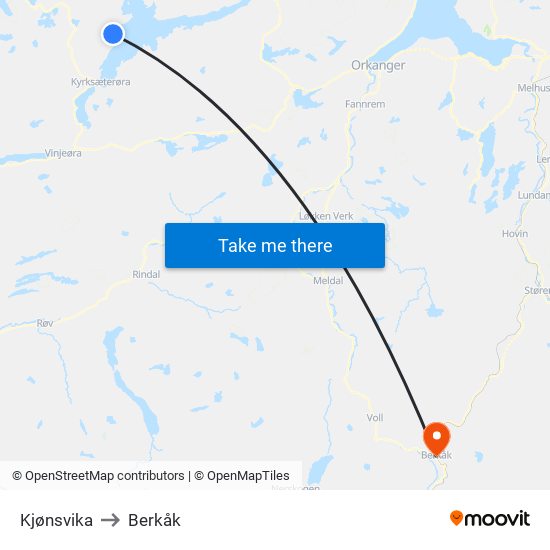 Kjønsvika to Berkåk map