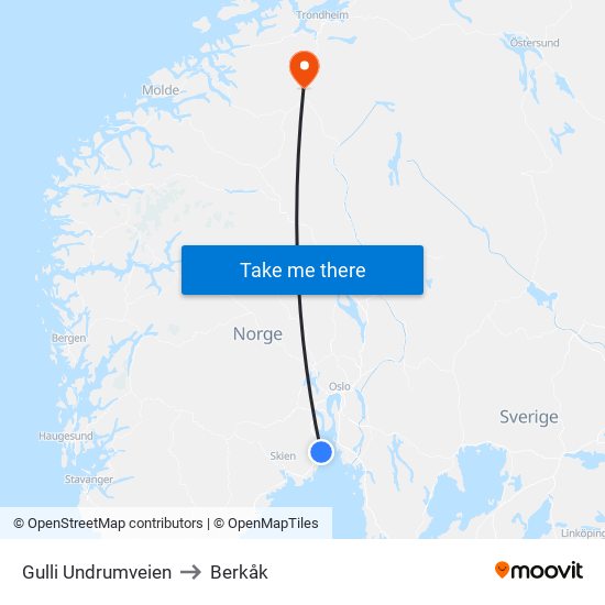 Gulli Undrumveien to Berkåk map