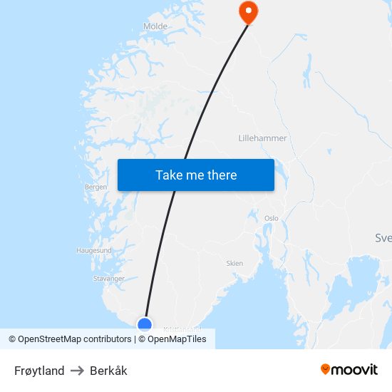 Frøytland to Berkåk map