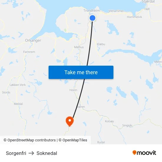 Sorgenfri to Soknedal map