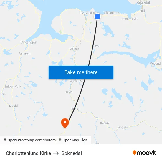 Charlottenlund Kirke to Soknedal map