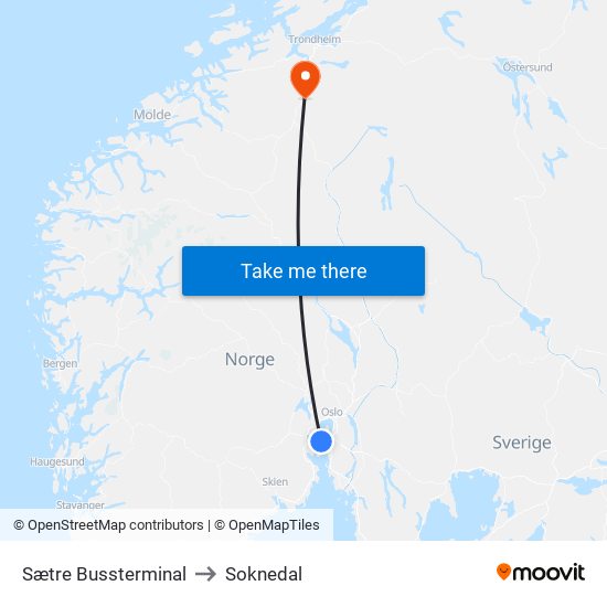 Sætre Bussterminal to Soknedal map