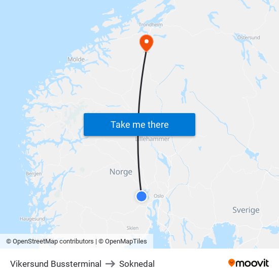 Vikersund Bussterminal to Soknedal map
