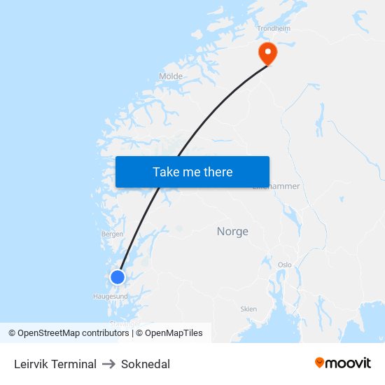 Leirvik Terminal to Soknedal map