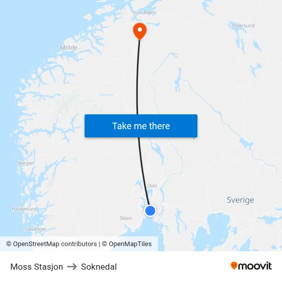 Moss Stasjon to Soknedal map