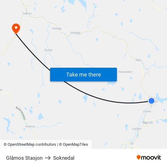 Glåmos Stasjon to Soknedal map