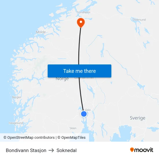 Bondivann Stasjon to Soknedal map