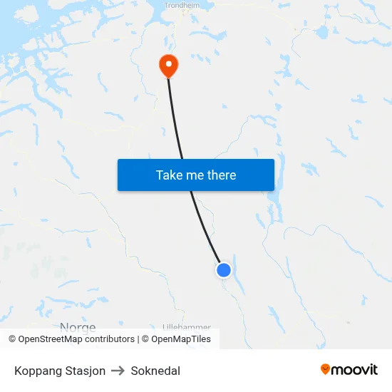 Koppang Stasjon to Soknedal map