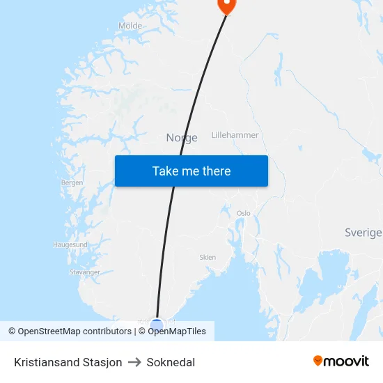 Kristiansand Stasjon to Soknedal map