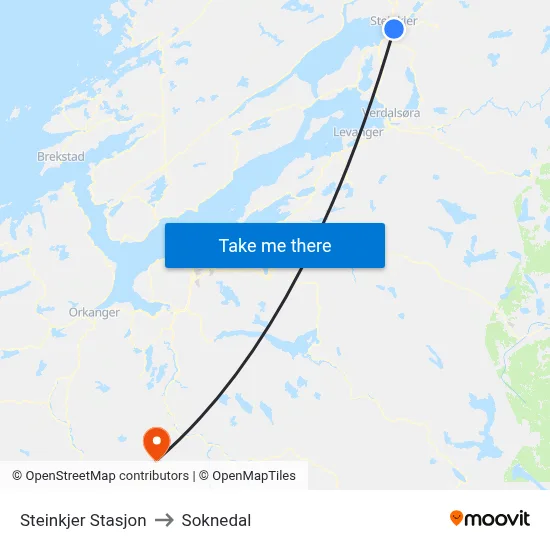 Steinkjer Stasjon to Soknedal map