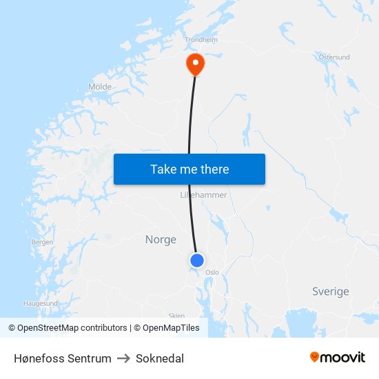 Hønefoss Sentrum to Soknedal map