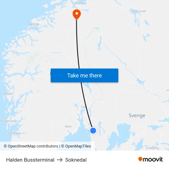 Halden Bussterminal to Soknedal map