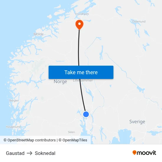 Gaustad to Soknedal map