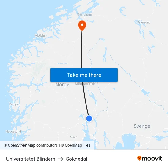Universitetet Blindern to Soknedal map