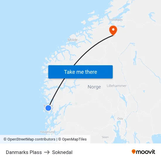 Danmarks Plass to Soknedal map